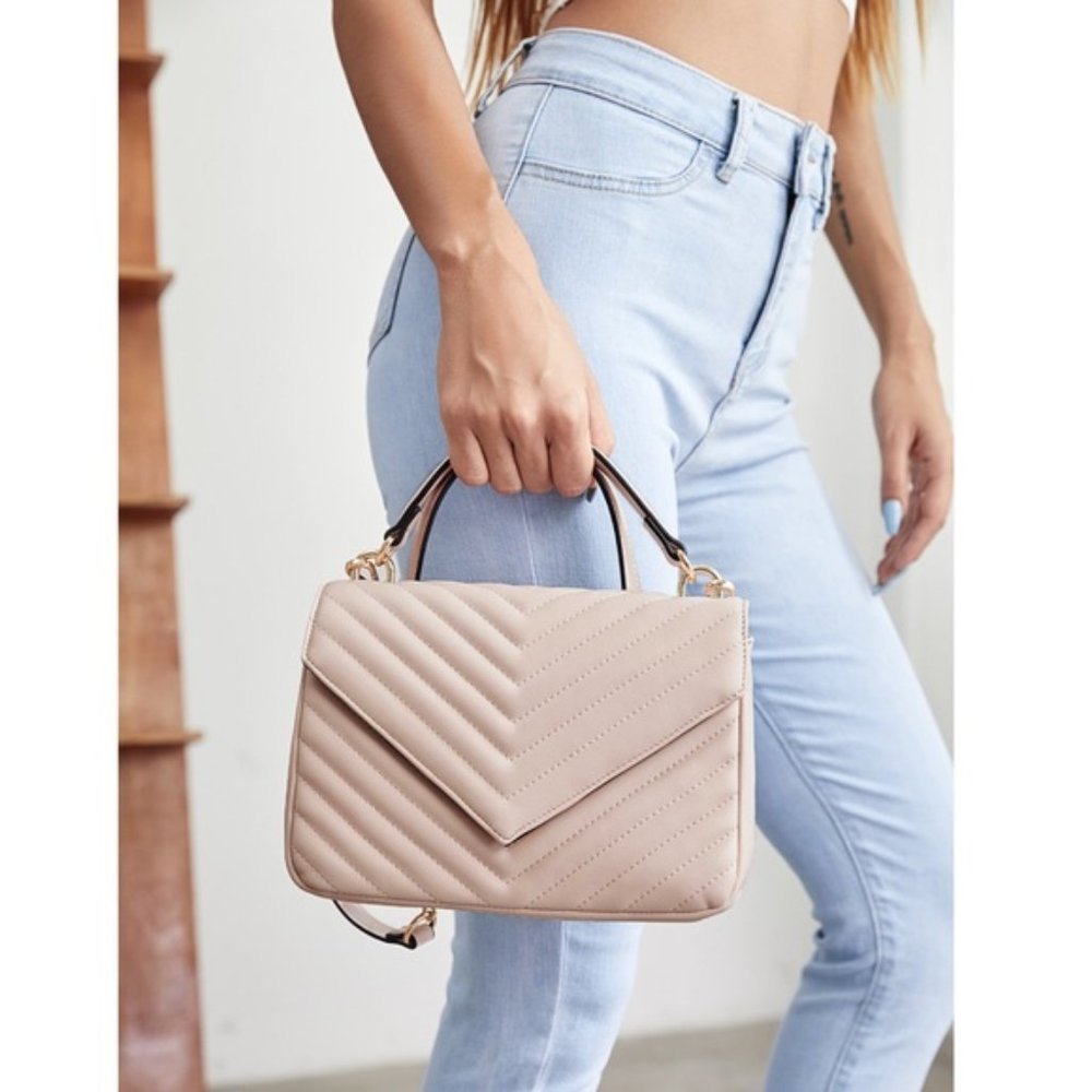 Baby Pink Chevron Satchel Purse w/ Handle & Detachable Strap